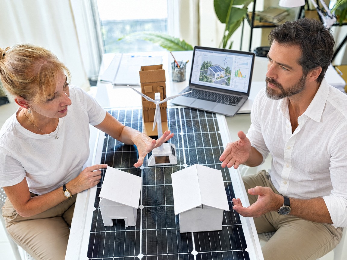 ASESORAMIENTO Técnicos de asesoramiento analizando una maqueta de autoconsumo solar con viviendas y aerogenerador